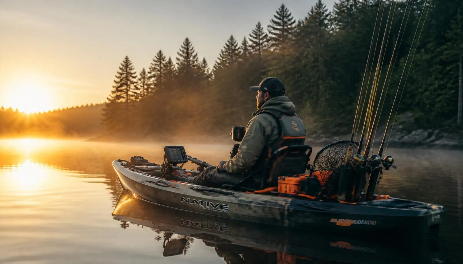 Angler casting from a stable sit-on-top fishing kayak on calm water at sunrise