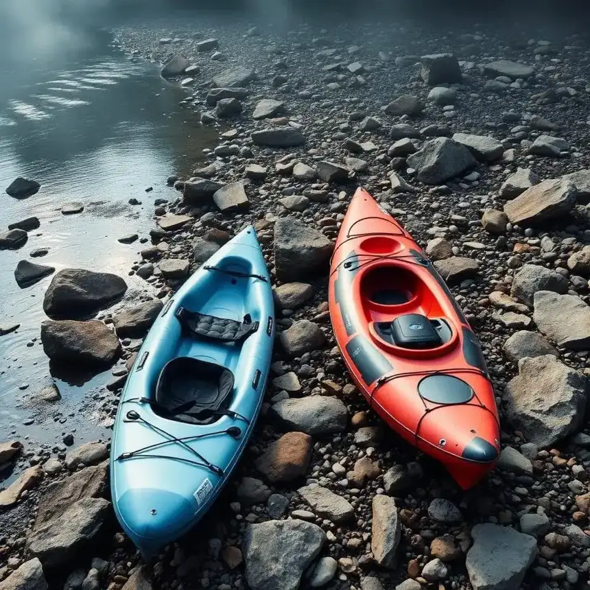 An inflatable kayak and a hard-shell kayak side by side at the water's edge