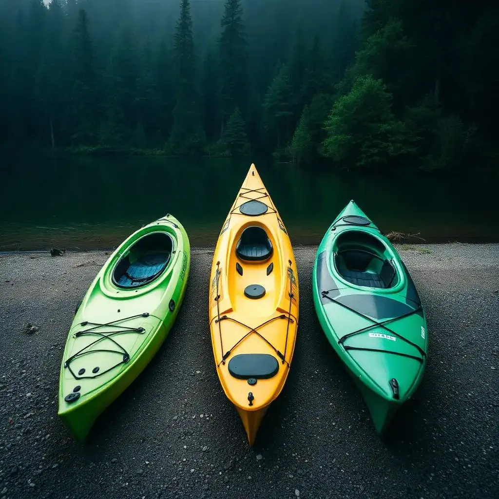 Recreational, touring, fishing and inflatable kayaks arranged on a beach