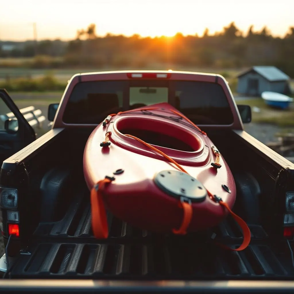 Kayak loaded in a pickup truck bed with the tailgate down and ratchet straps